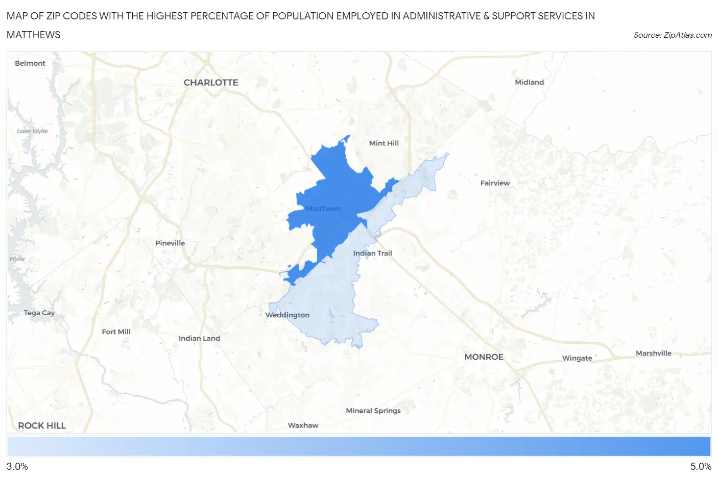 Zip Codes with the Highest Percentage of Population Employed in Administrative & Support Services in Matthews Map