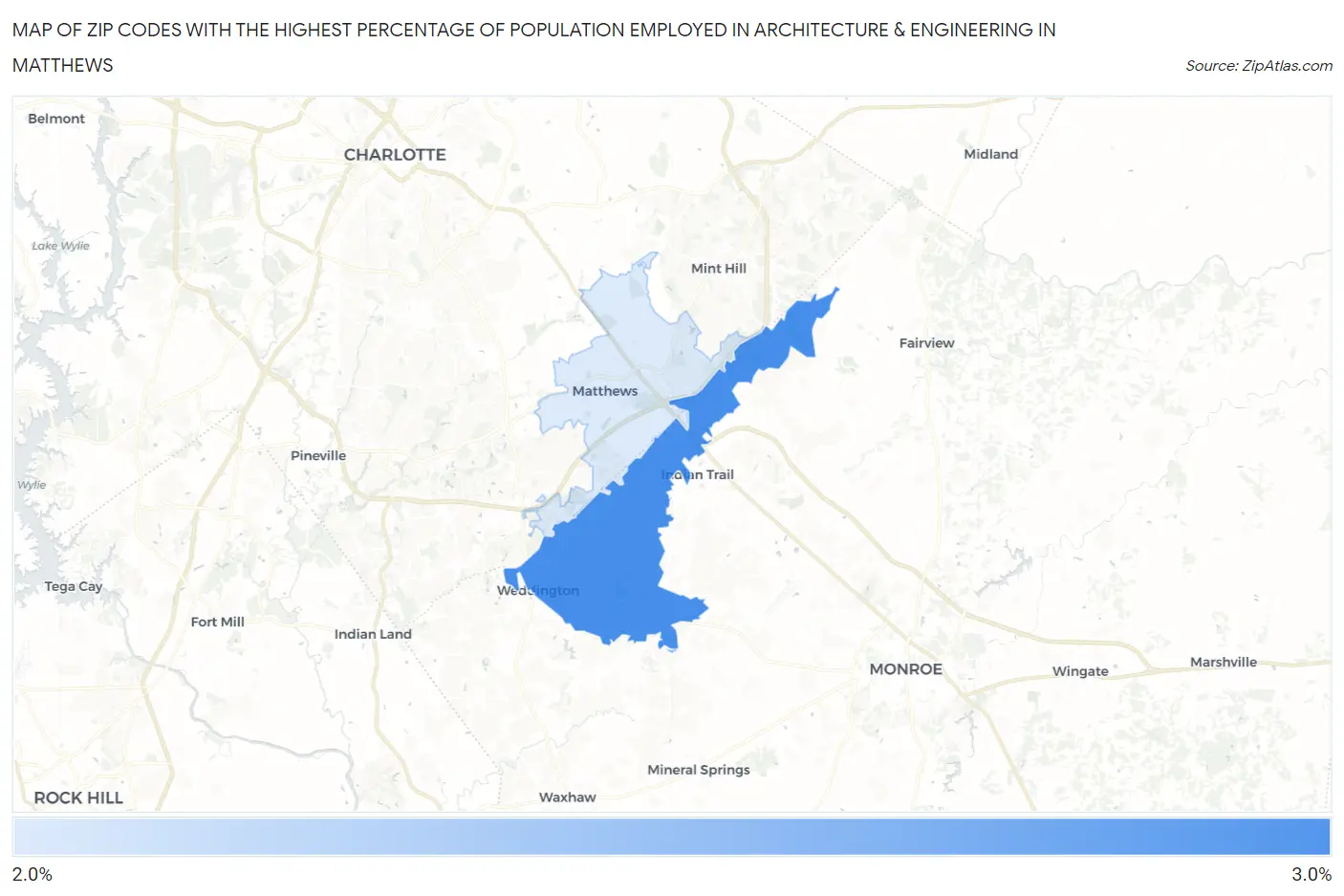 Zip Codes with the Highest Percentage of Population Employed in Architecture & Engineering in Matthews Map
