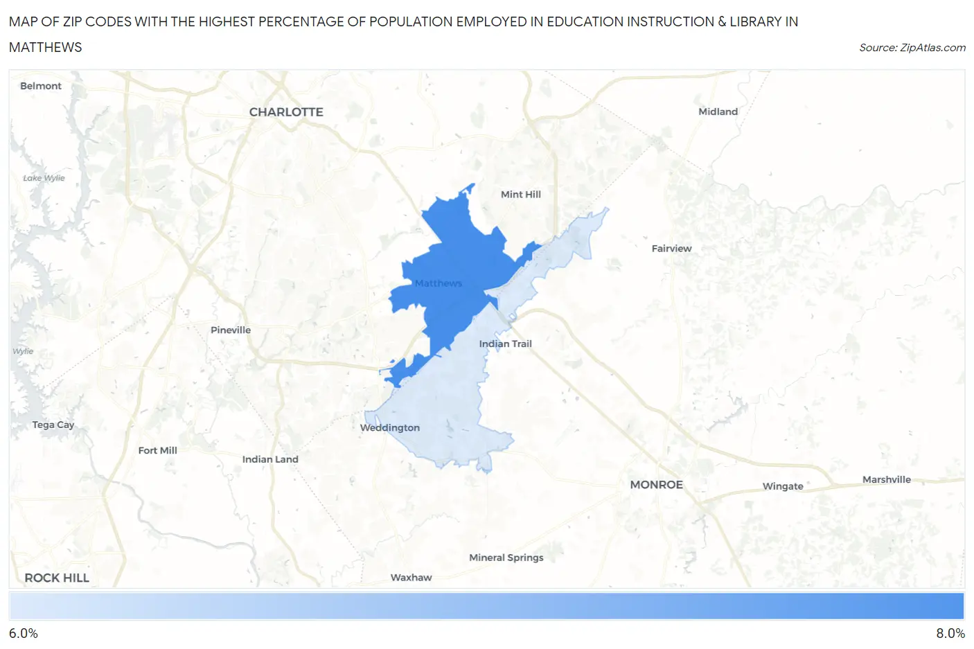 Zip Codes with the Highest Percentage of Population Employed in Education Instruction & Library in Matthews Map