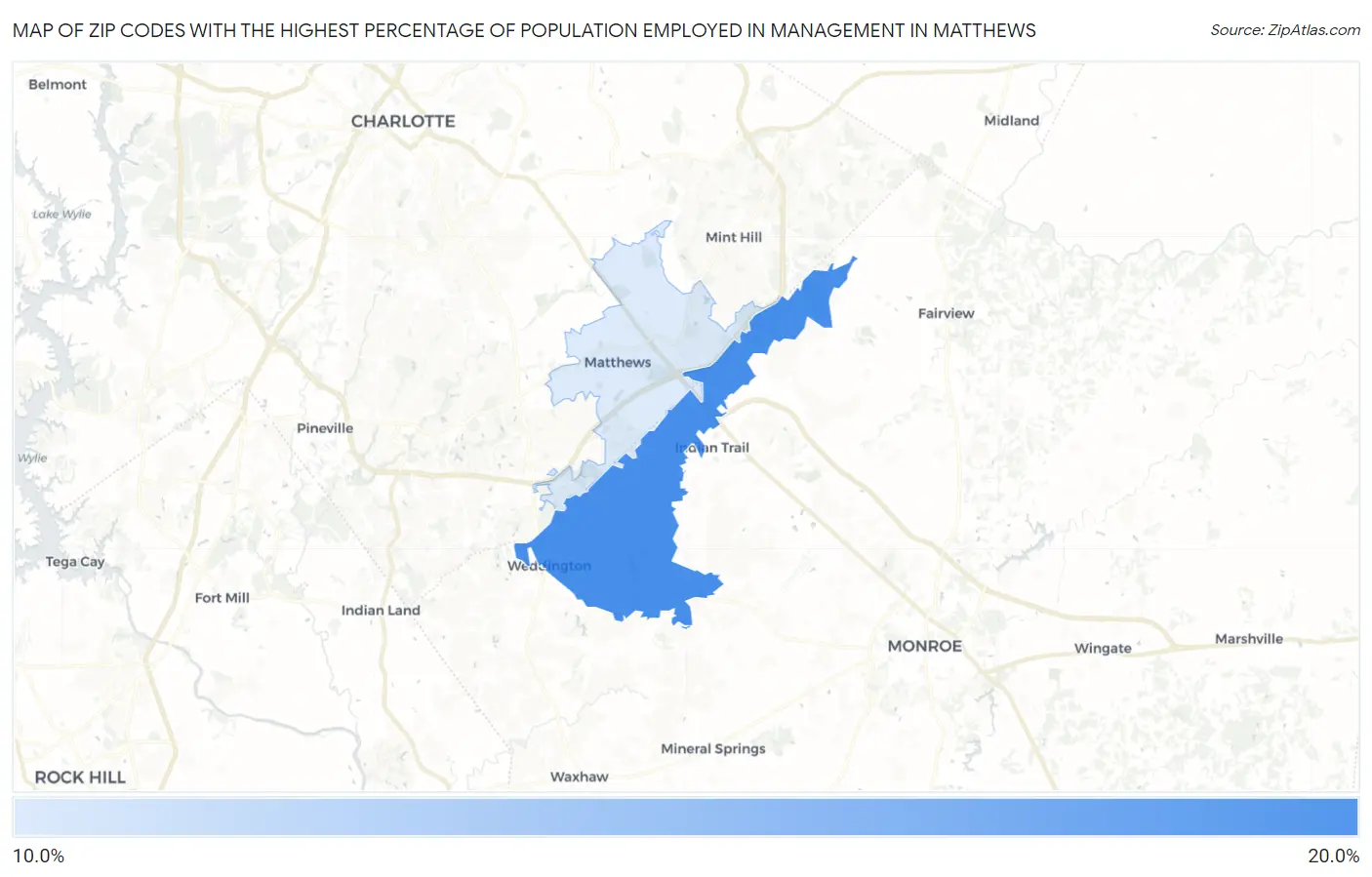 Zip Codes with the Highest Percentage of Population Employed in Management in Matthews Map
