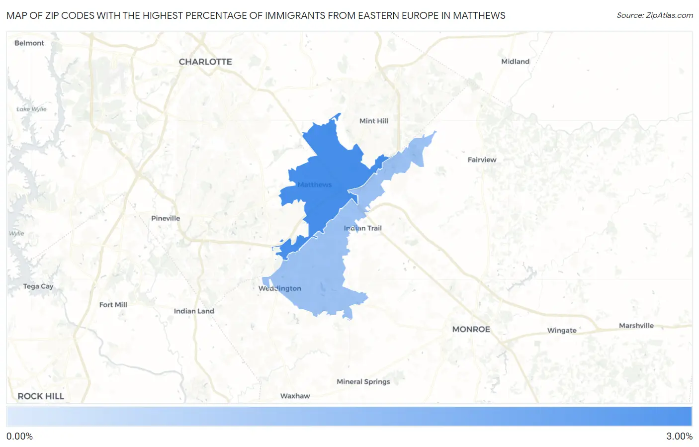 Zip Codes with the Highest Percentage of Immigrants from Eastern Europe in Matthews Map