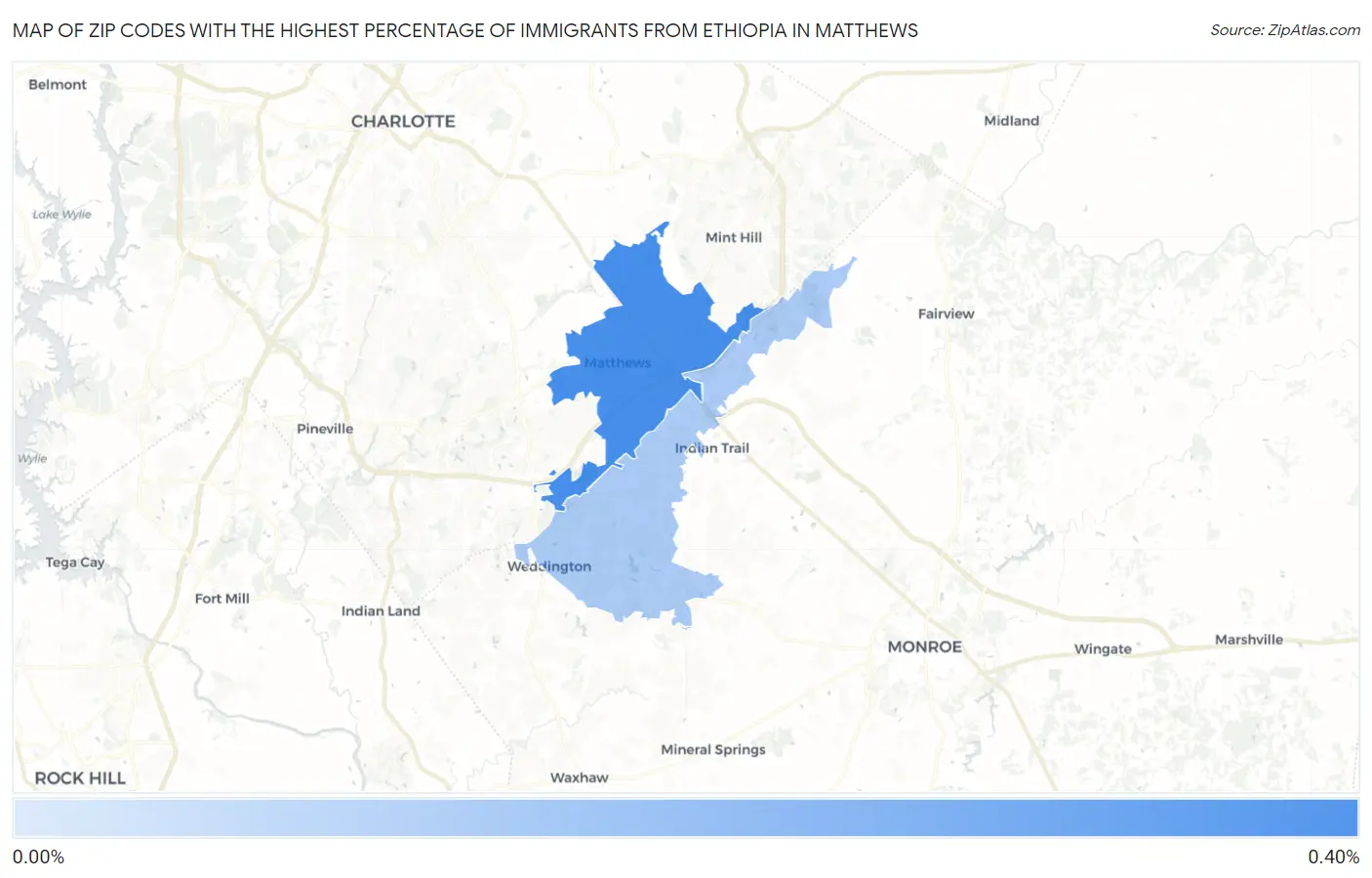 Zip Codes with the Highest Percentage of Immigrants from Ethiopia in Matthews Map