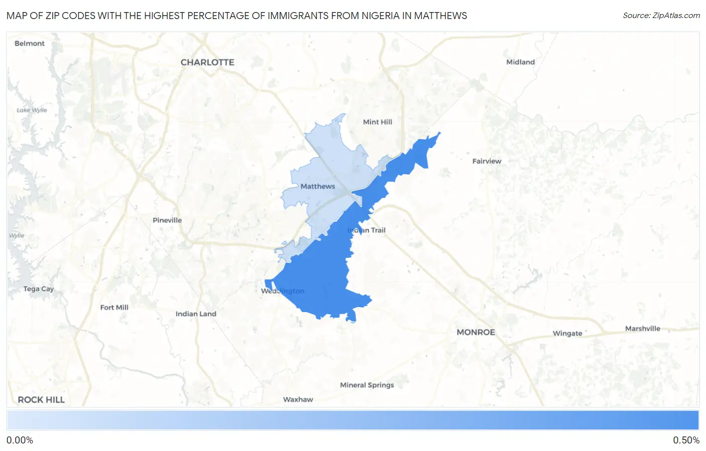 Zip Codes with the Highest Percentage of Immigrants from Nigeria in Matthews Map
