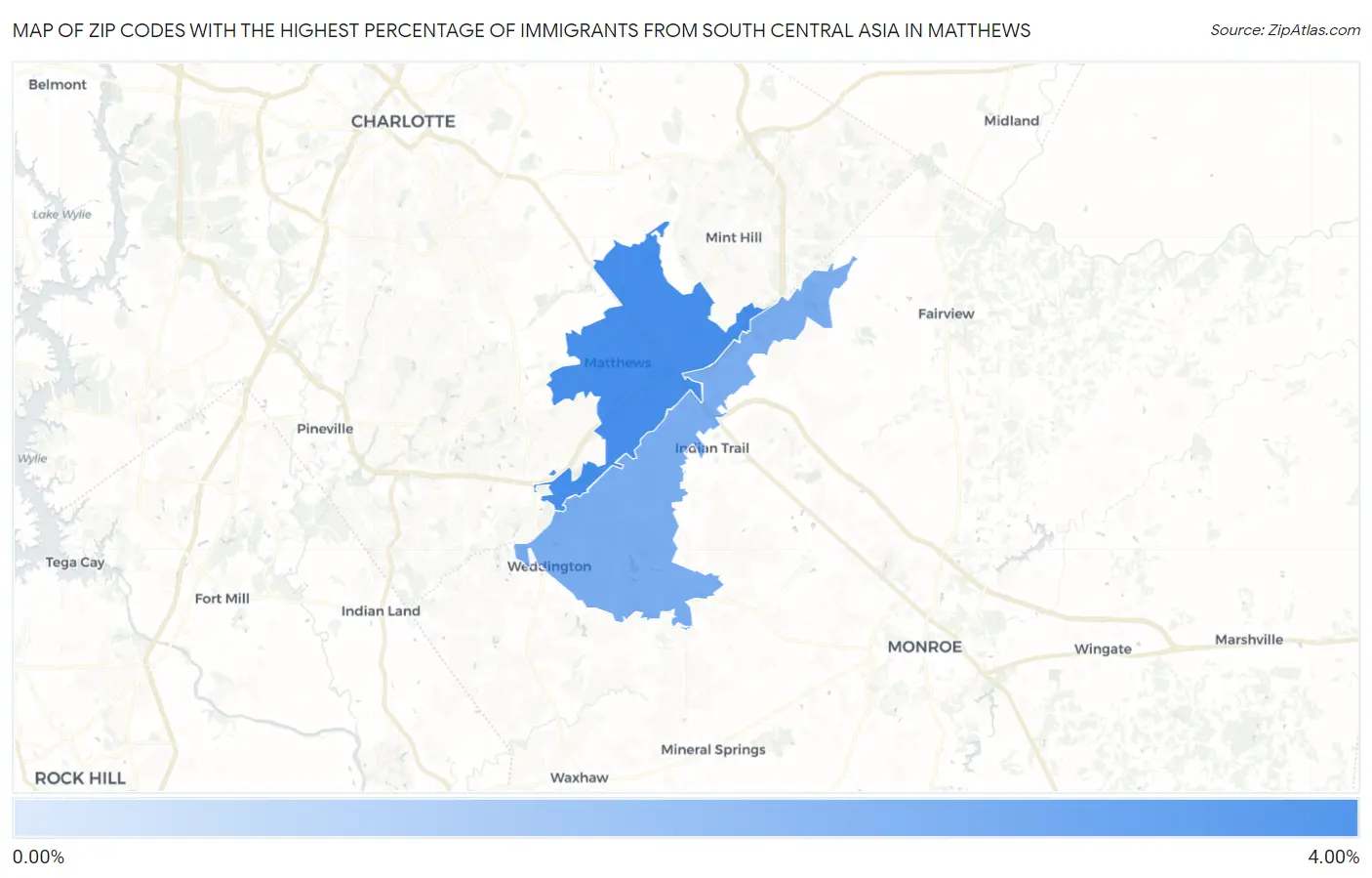Zip Codes with the Highest Percentage of Immigrants from South Central Asia in Matthews Map