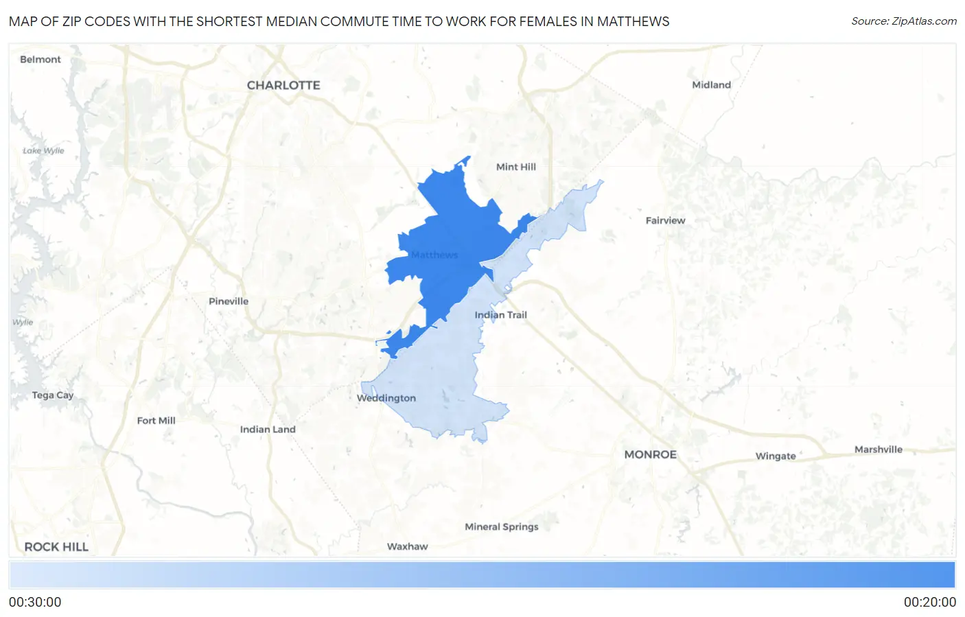 Zip Codes with the Shortest Median Commute Time to Work for Females in Matthews Map
