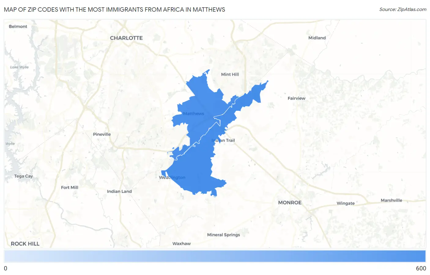 Zip Codes with the Most Immigrants from Africa in Matthews Map
