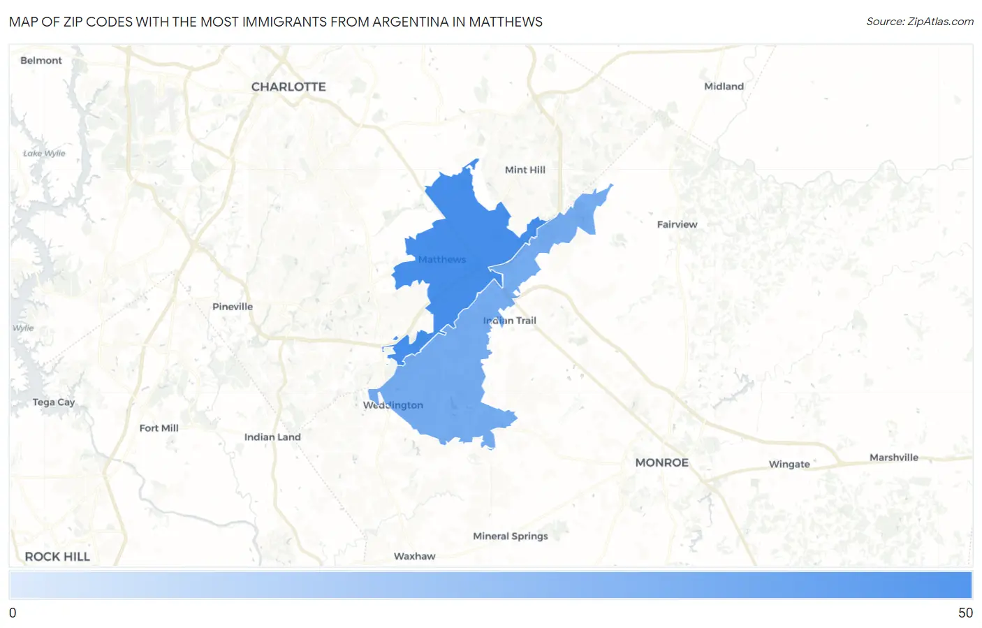 Zip Codes with the Most Immigrants from Argentina in Matthews Map