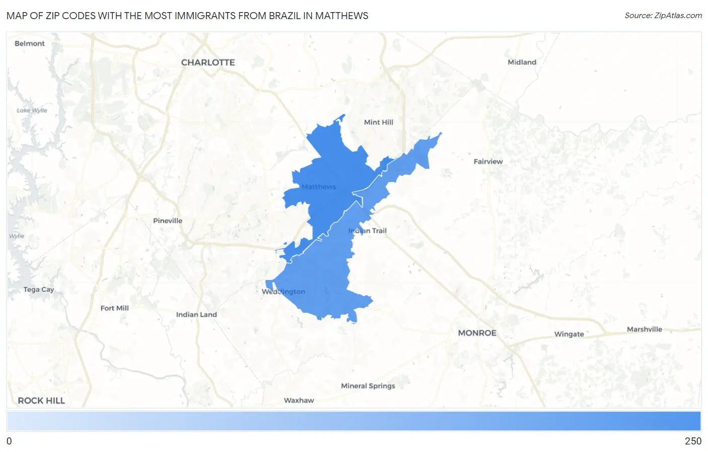 Zip Codes with the Most Immigrants from Brazil in Matthews Map