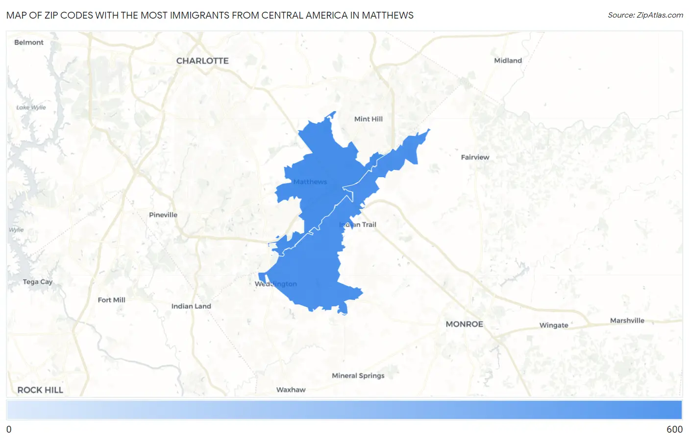Zip Codes with the Most Immigrants from Central America in Matthews Map