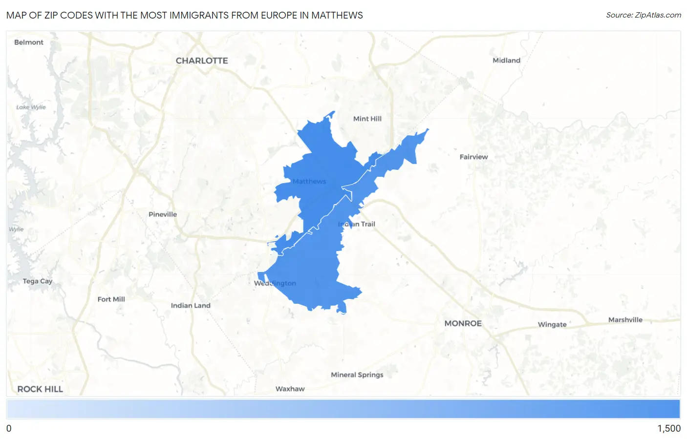 Zip Codes with the Most Immigrants from Europe in Matthews Map