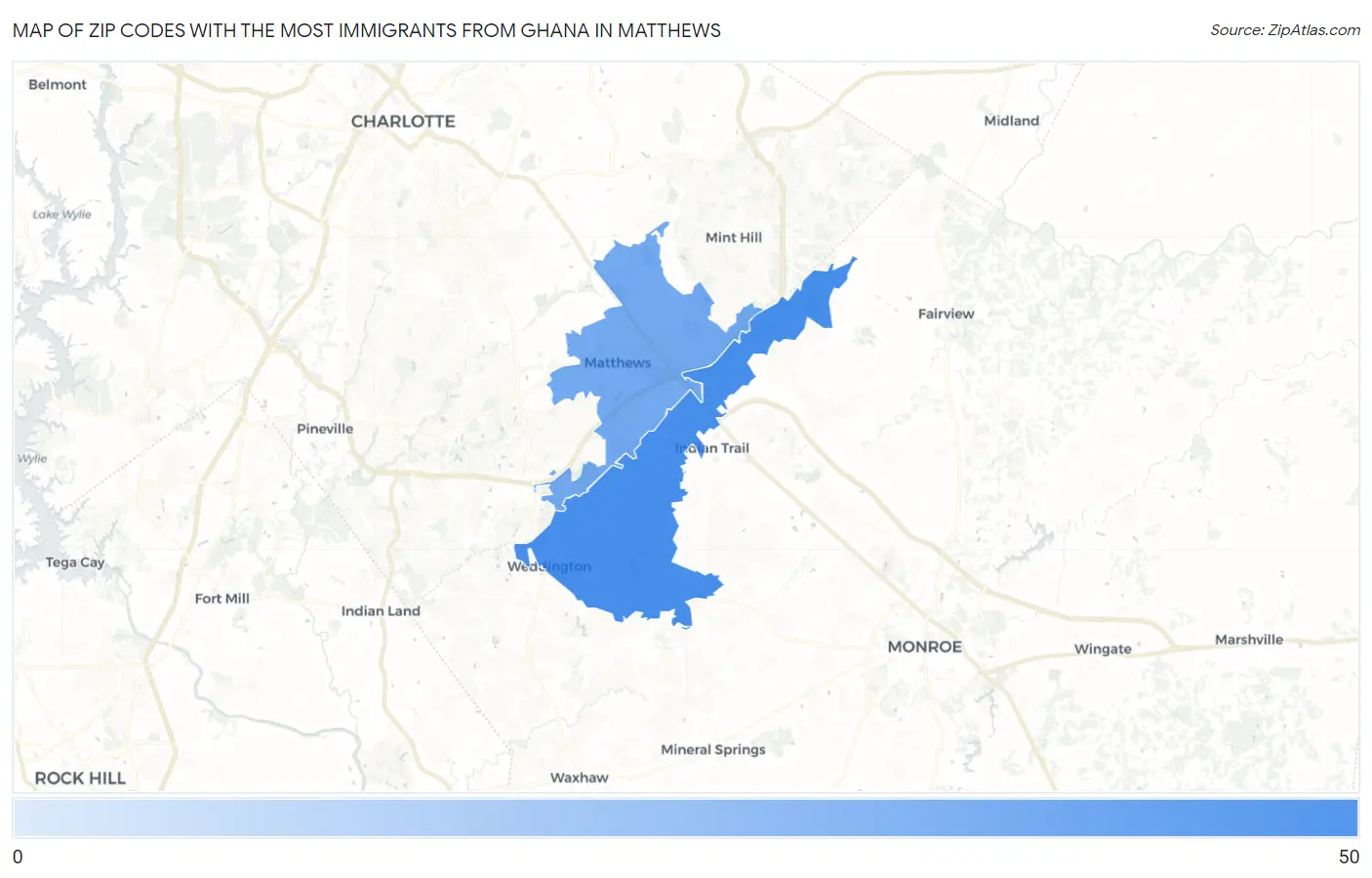 Zip Codes with the Most Immigrants from Ghana in Matthews Map