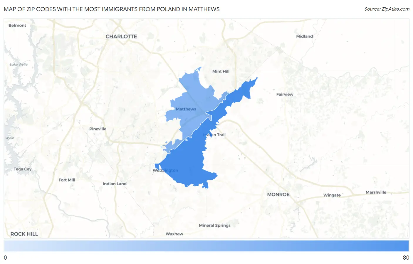 Zip Codes with the Most Immigrants from Poland in Matthews Map