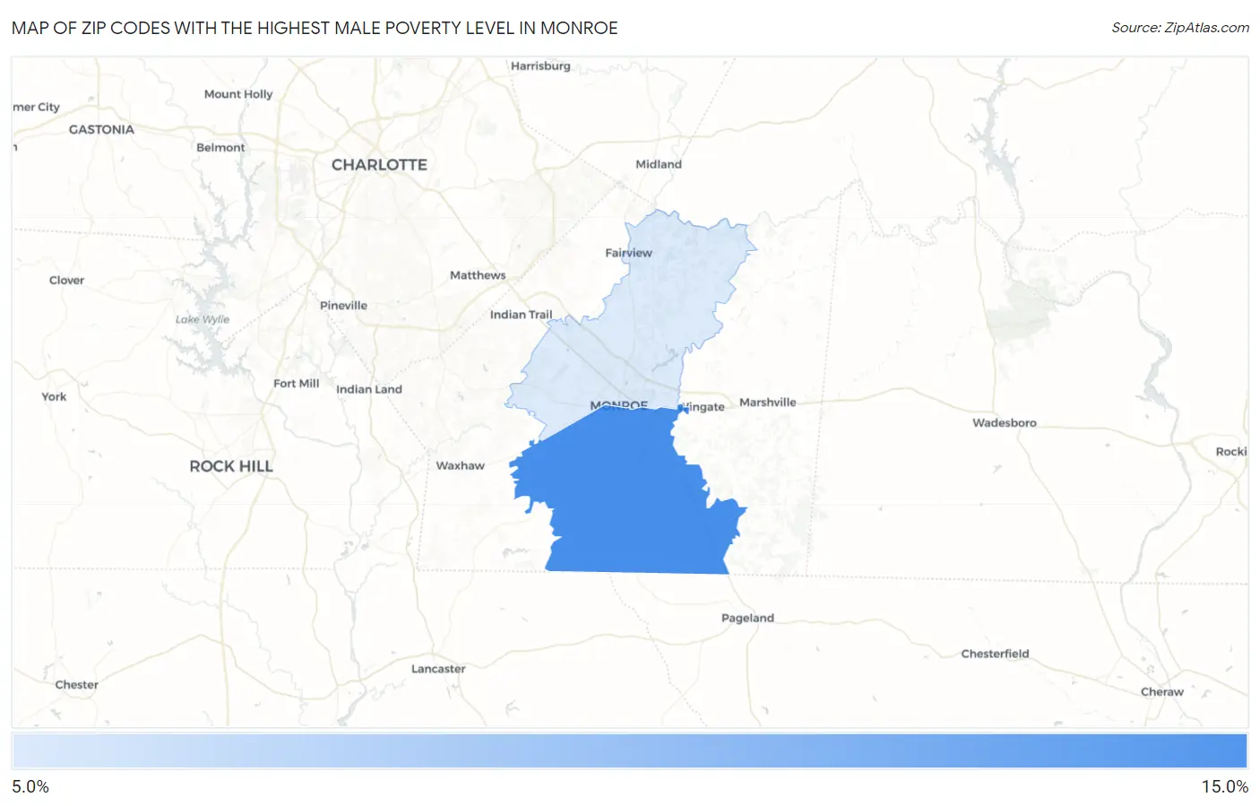Zip Codes with the Highest Male Poverty Level in Monroe Map
