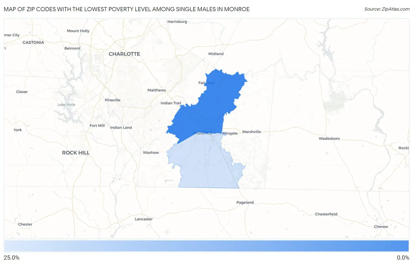 Zip Codes with the Lowest Poverty Level Among Single Males in Monroe Map