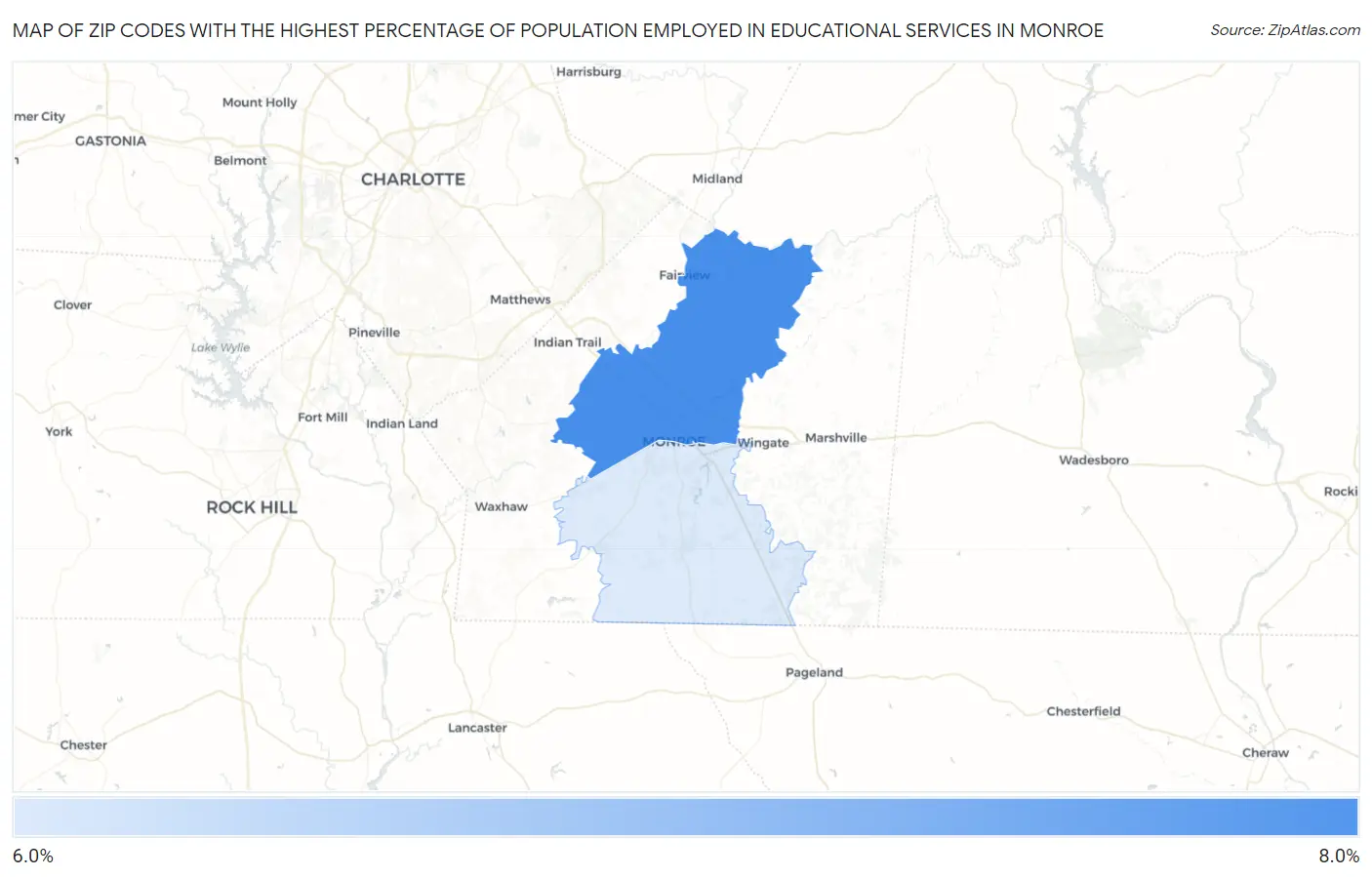 Zip Codes with the Highest Percentage of Population Employed in Educational Services in Monroe Map