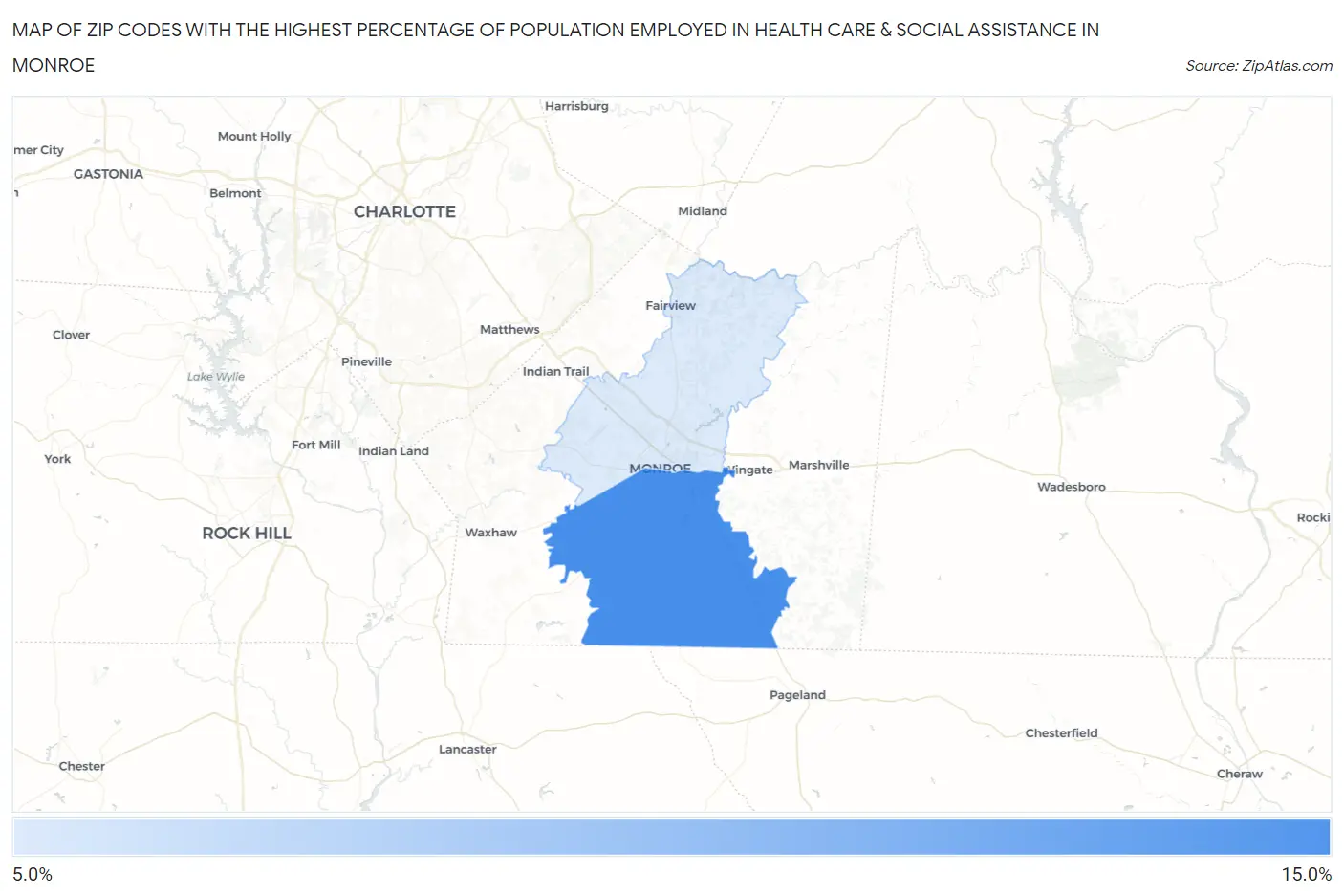 Zip Codes with the Highest Percentage of Population Employed in Health Care & Social Assistance in Monroe Map