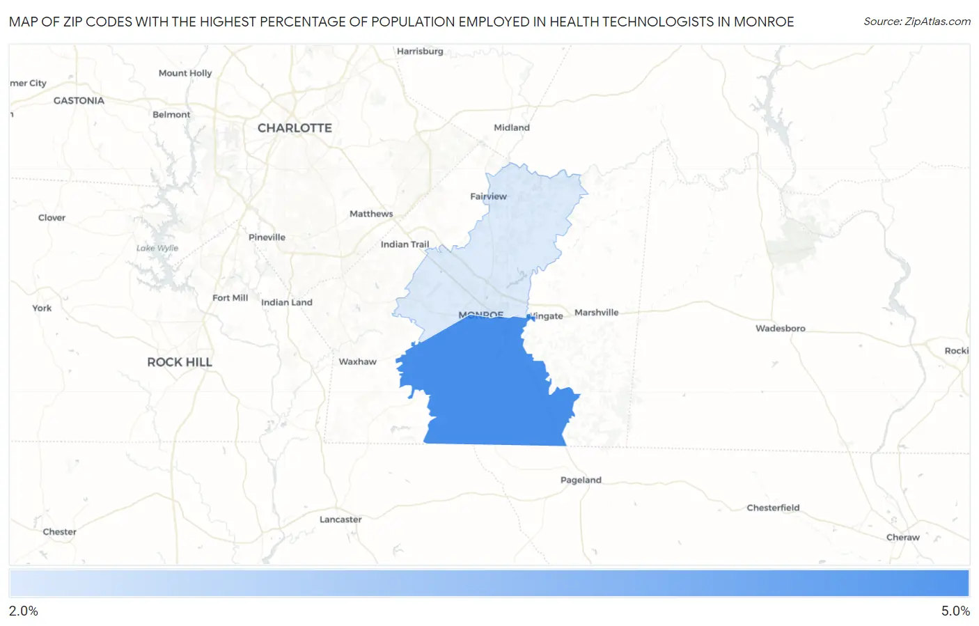 Zip Codes with the Highest Percentage of Population Employed in Health Technologists in Monroe Map