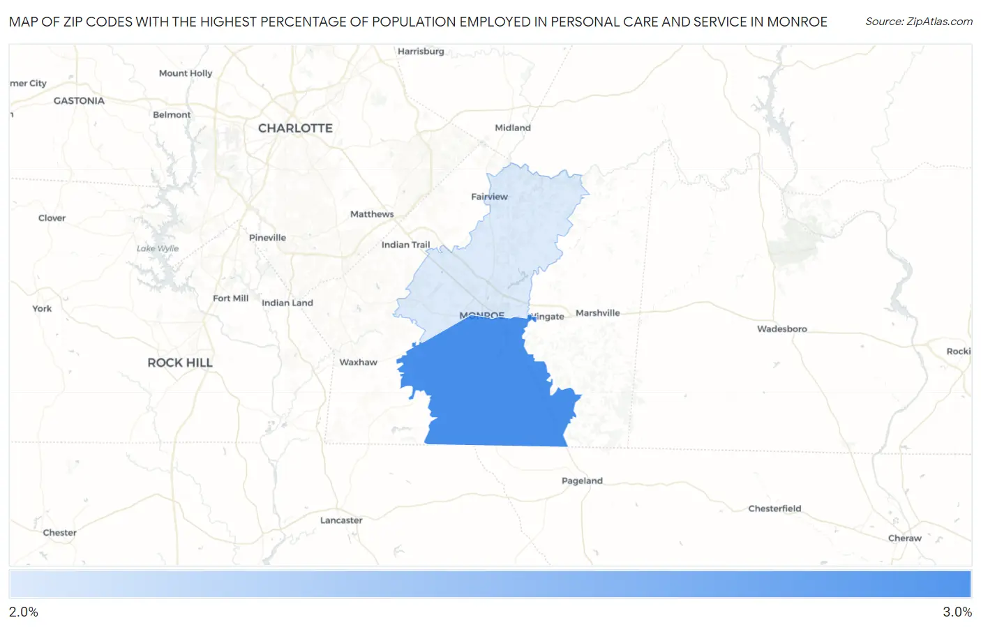 Zip Codes with the Highest Percentage of Population Employed in Personal Care and Service in Monroe Map