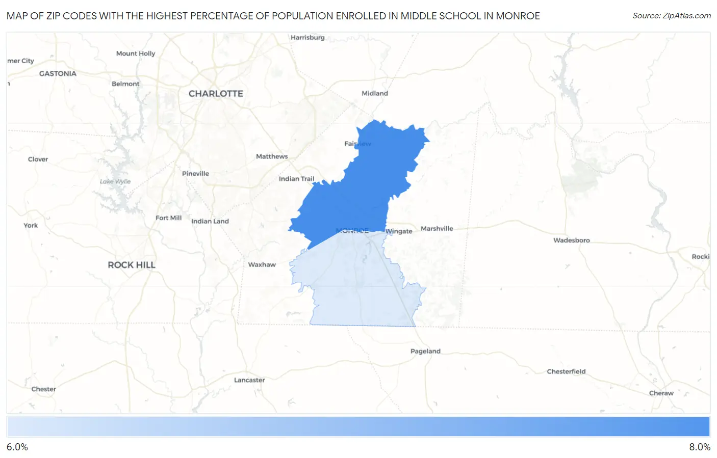 Zip Codes with the Highest Percentage of Population Enrolled in Middle School in Monroe Map