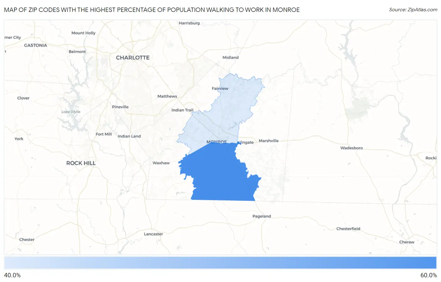 Zip Codes with the Highest Percentage of Population Walking to Work in Monroe Map