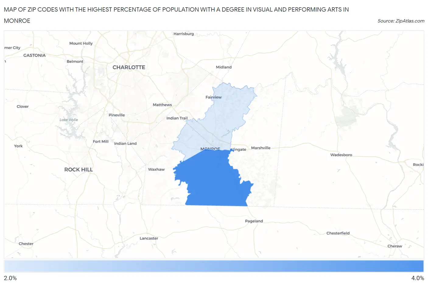 Zip Codes with the Highest Percentage of Population with a Degree in Visual and Performing Arts in Monroe Map