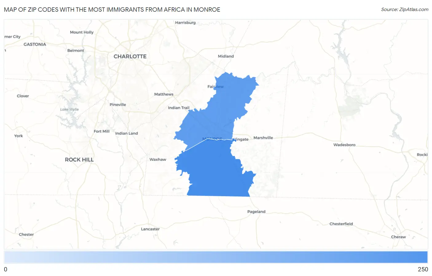Zip Codes with the Most Immigrants from Africa in Monroe Map