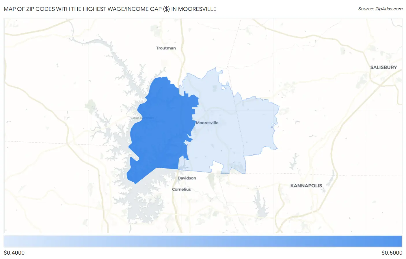 Zip Codes with the Highest Wage/Income Gap ($) in Mooresville Map