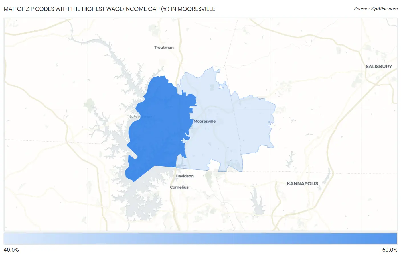 Zip Codes with the Highest Wage/Income Gap (%) in Mooresville Map