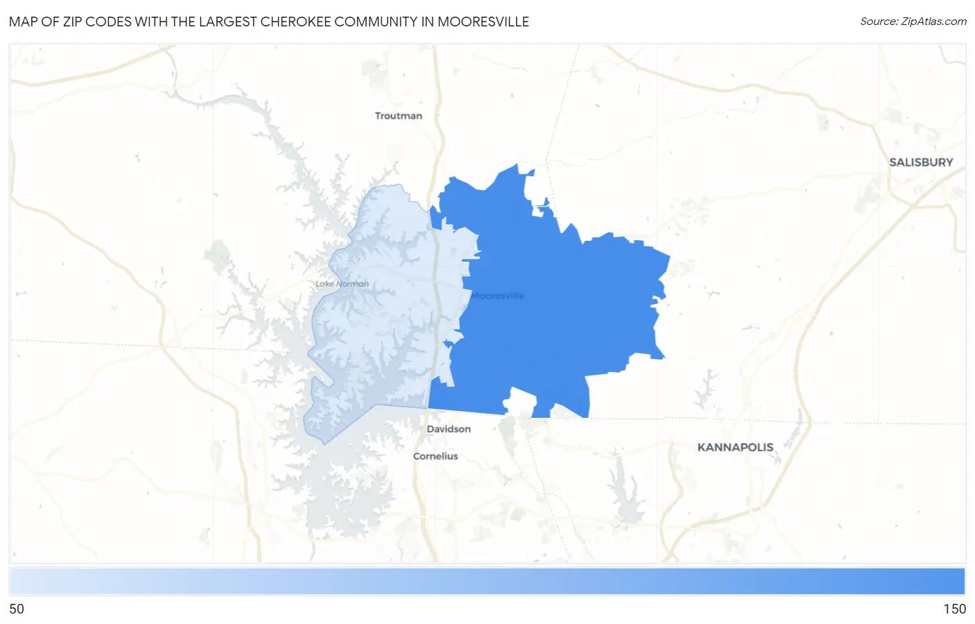 Zip Codes with the Largest Cherokee Community in Mooresville Map