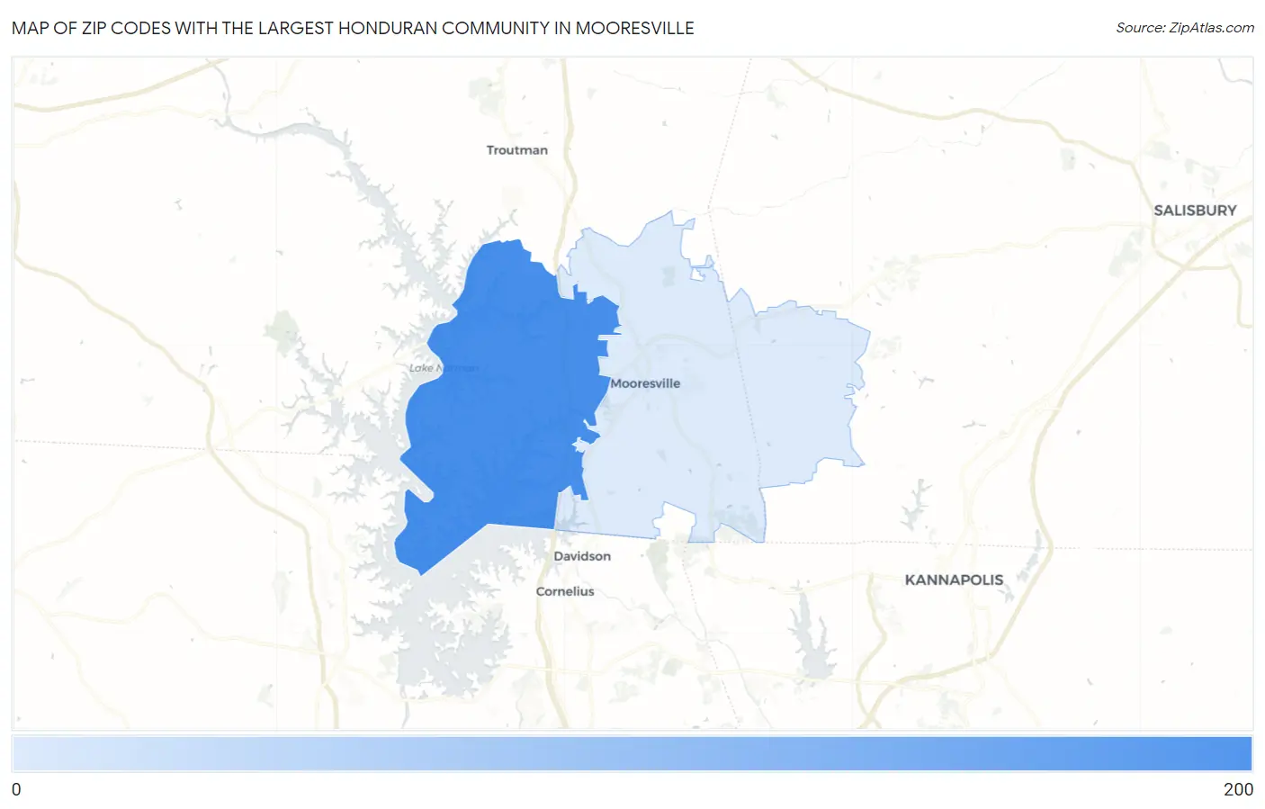 Zip Codes with the Largest Honduran Community in Mooresville Map