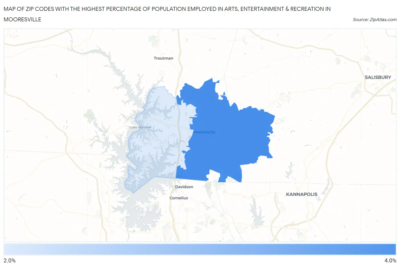 Zip Codes with the Highest Percentage of Population Employed in Arts, Entertainment & Recreation in Mooresville Map