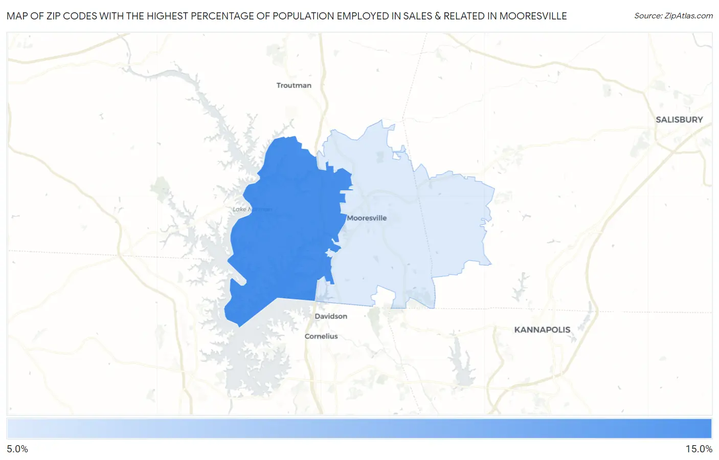 Zip Codes with the Highest Percentage of Population Employed in Sales & Related in Mooresville Map