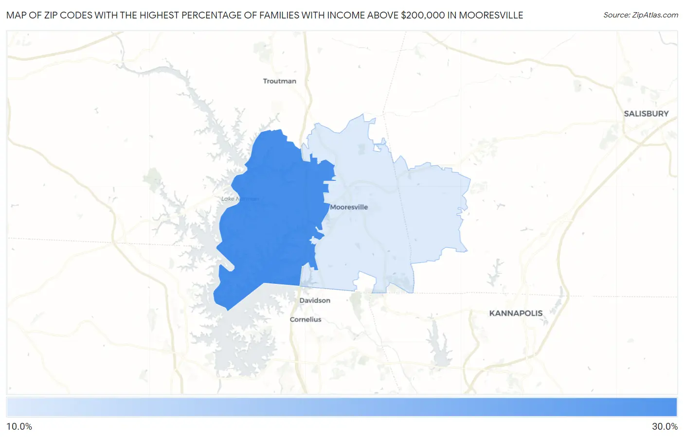 Zip Codes with the Highest Percentage of Families with Income Above $200,000 in Mooresville Map