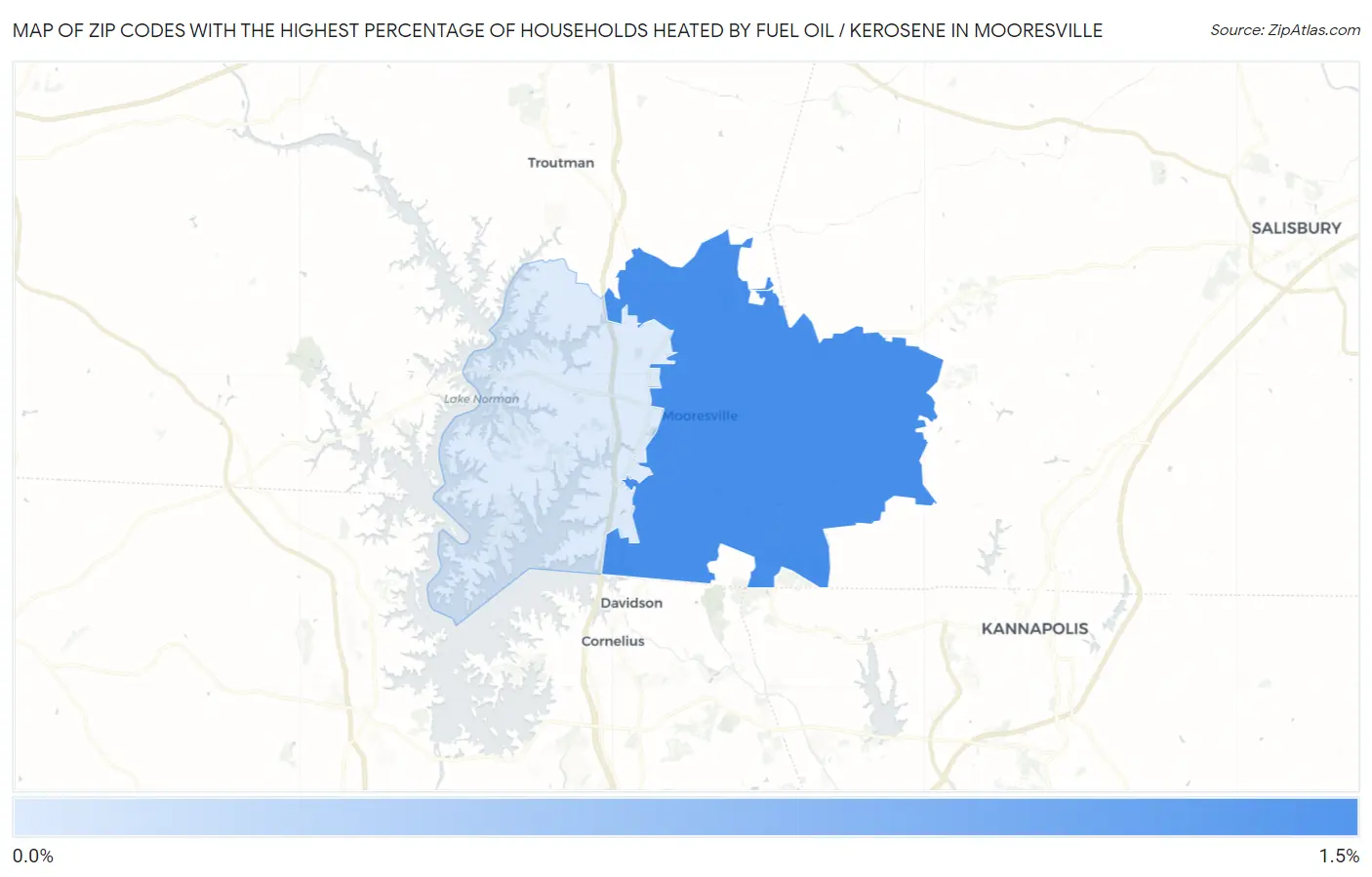 Zip Codes with the Highest Percentage of Households Heated by Fuel Oil / Kerosene in Mooresville Map