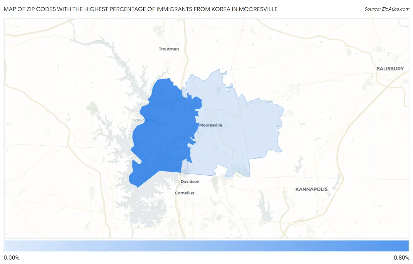 Zip Codes with the Highest Percentage of Immigrants from Korea in Mooresville Map