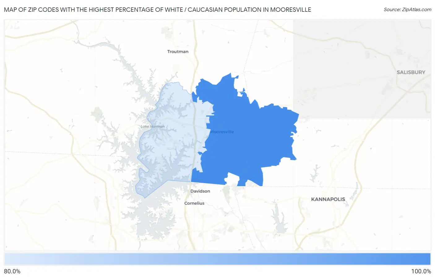 Zip Codes with the Highest Percentage of White / Caucasian Population in Mooresville Map