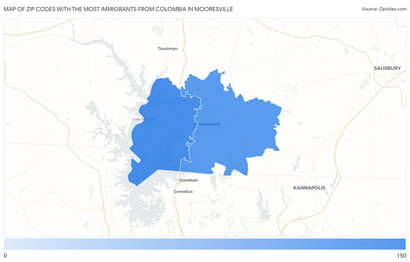 Zip Codes with the Most Immigrants from Colombia in Mooresville Map