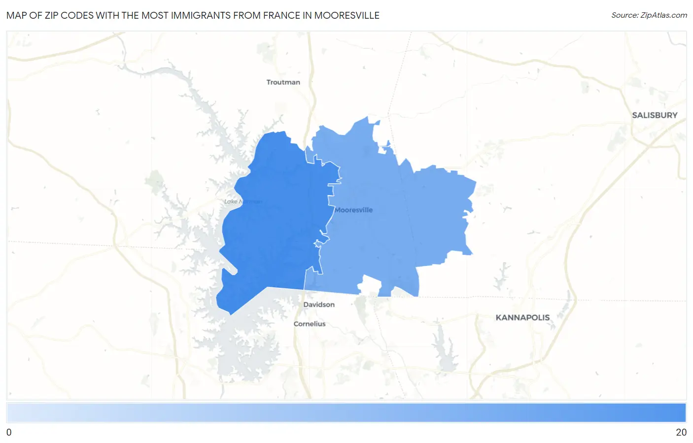 Zip Codes with the Most Immigrants from France in Mooresville Map