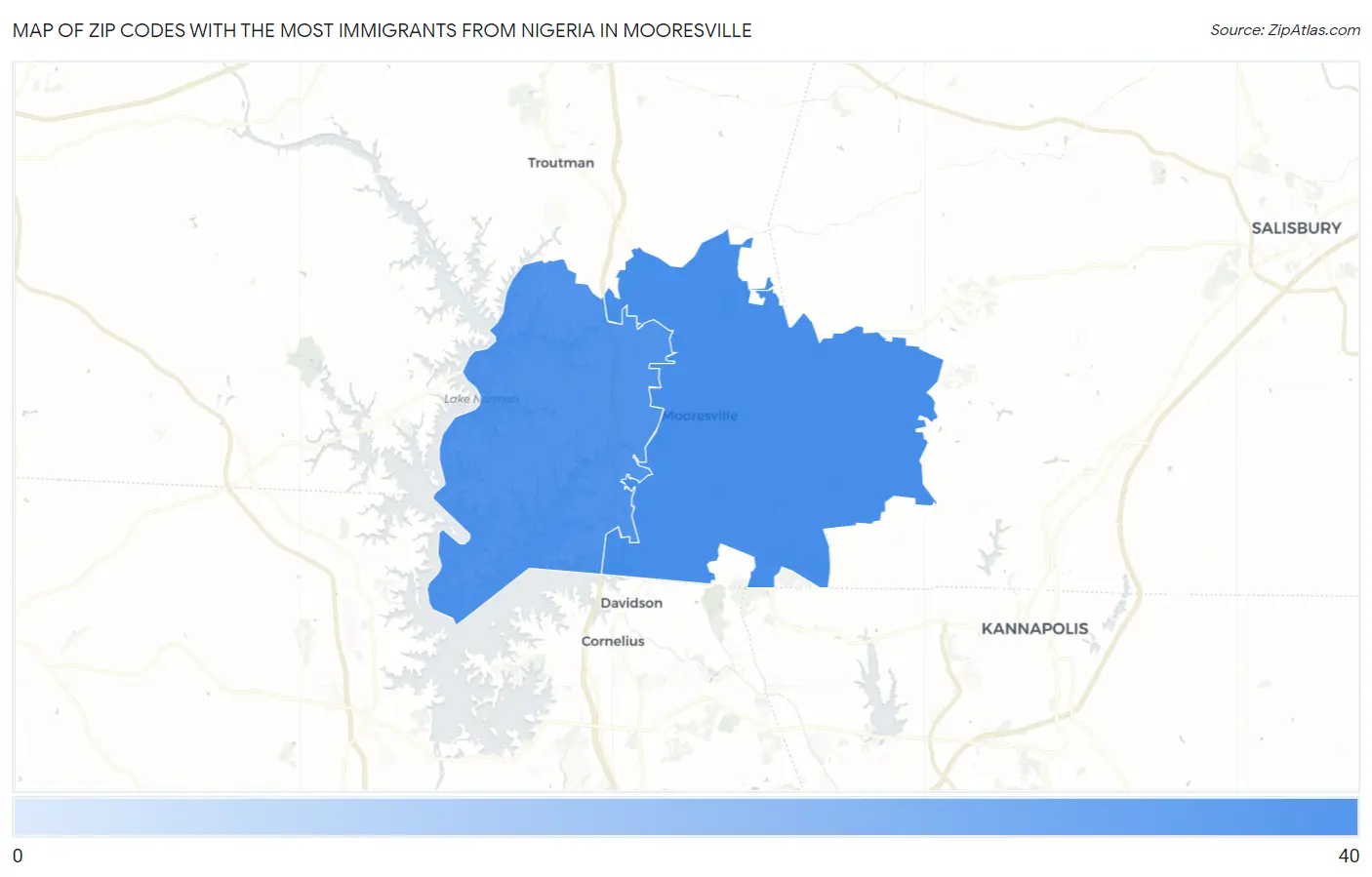 Zip Codes with the Most Immigrants from Nigeria in Mooresville Map