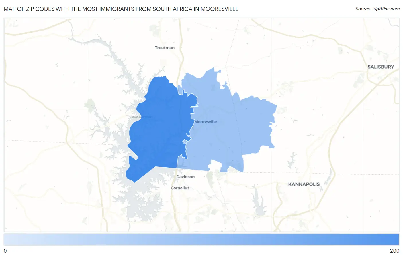 Zip Codes with the Most Immigrants from South Africa in Mooresville Map