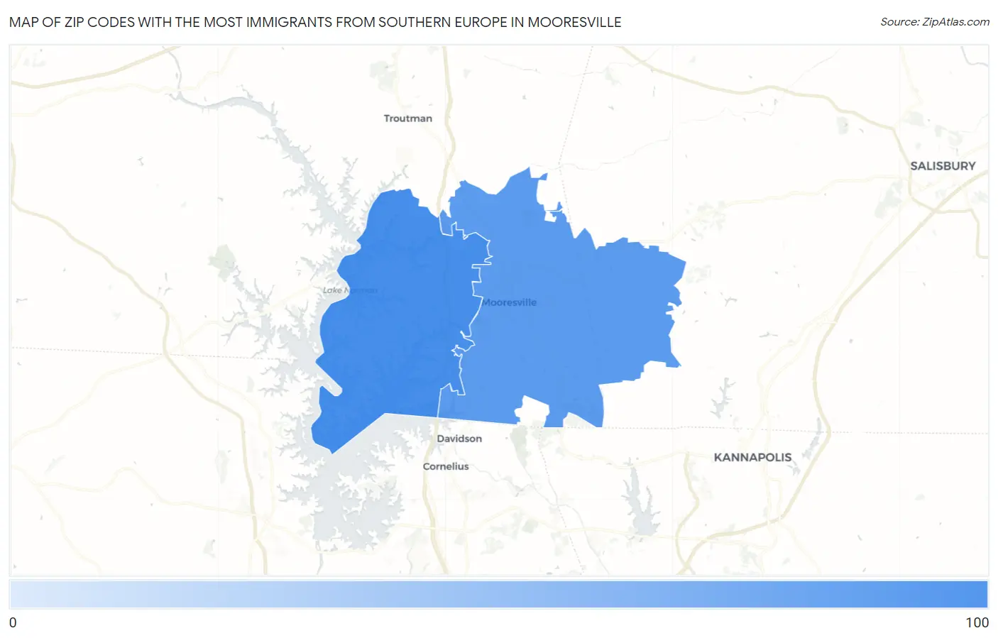 Zip Codes with the Most Immigrants from Southern Europe in Mooresville Map