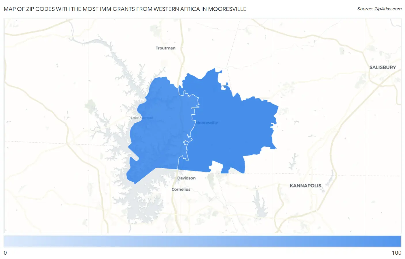 Zip Codes with the Most Immigrants from Western Africa in Mooresville Map