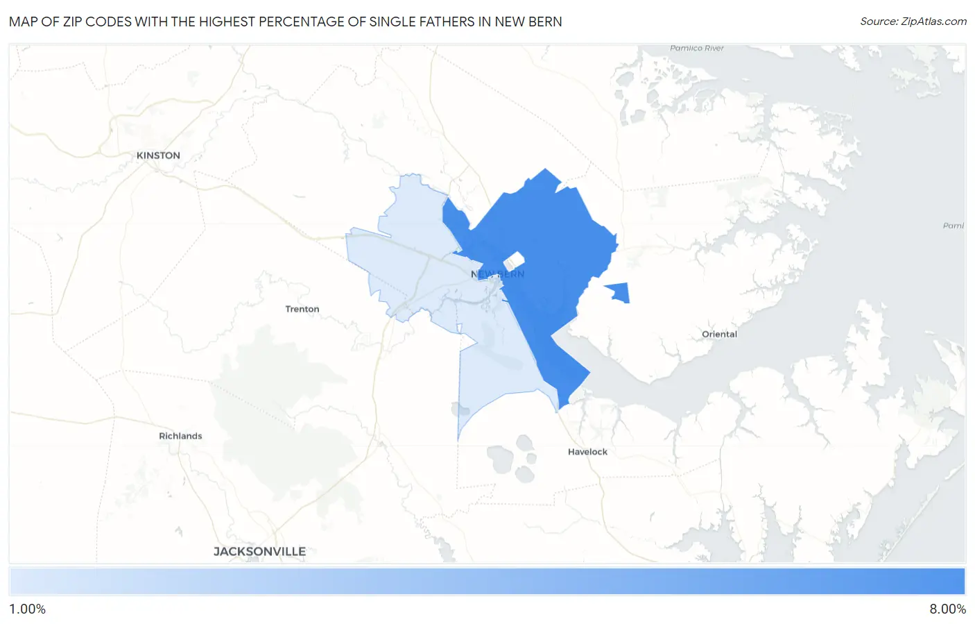 Zip Codes with the Highest Percentage of Single Fathers in New Bern Map