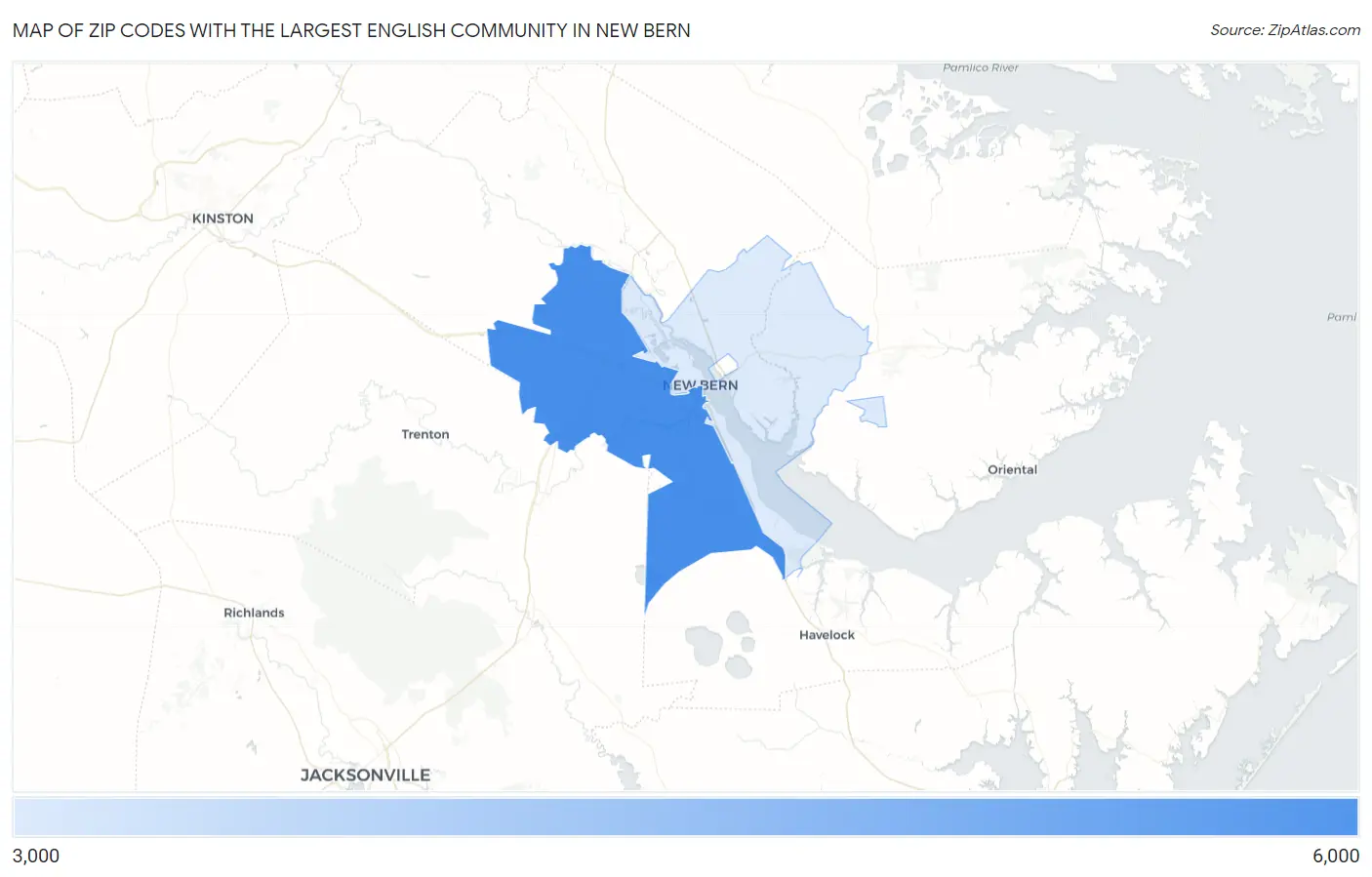 Zip Codes with the Largest English Community in New Bern Map