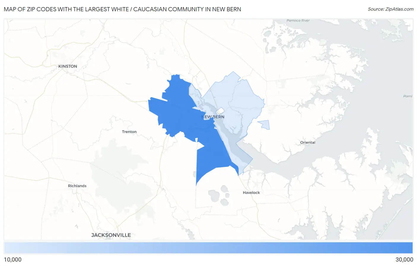 Zip Codes with the Largest White / Caucasian Community in New Bern Map