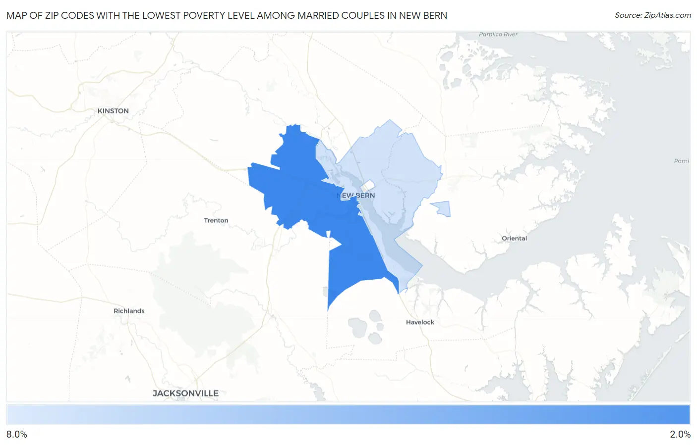 Zip Codes with the Lowest Poverty Level Among Married Couples in New Bern Map