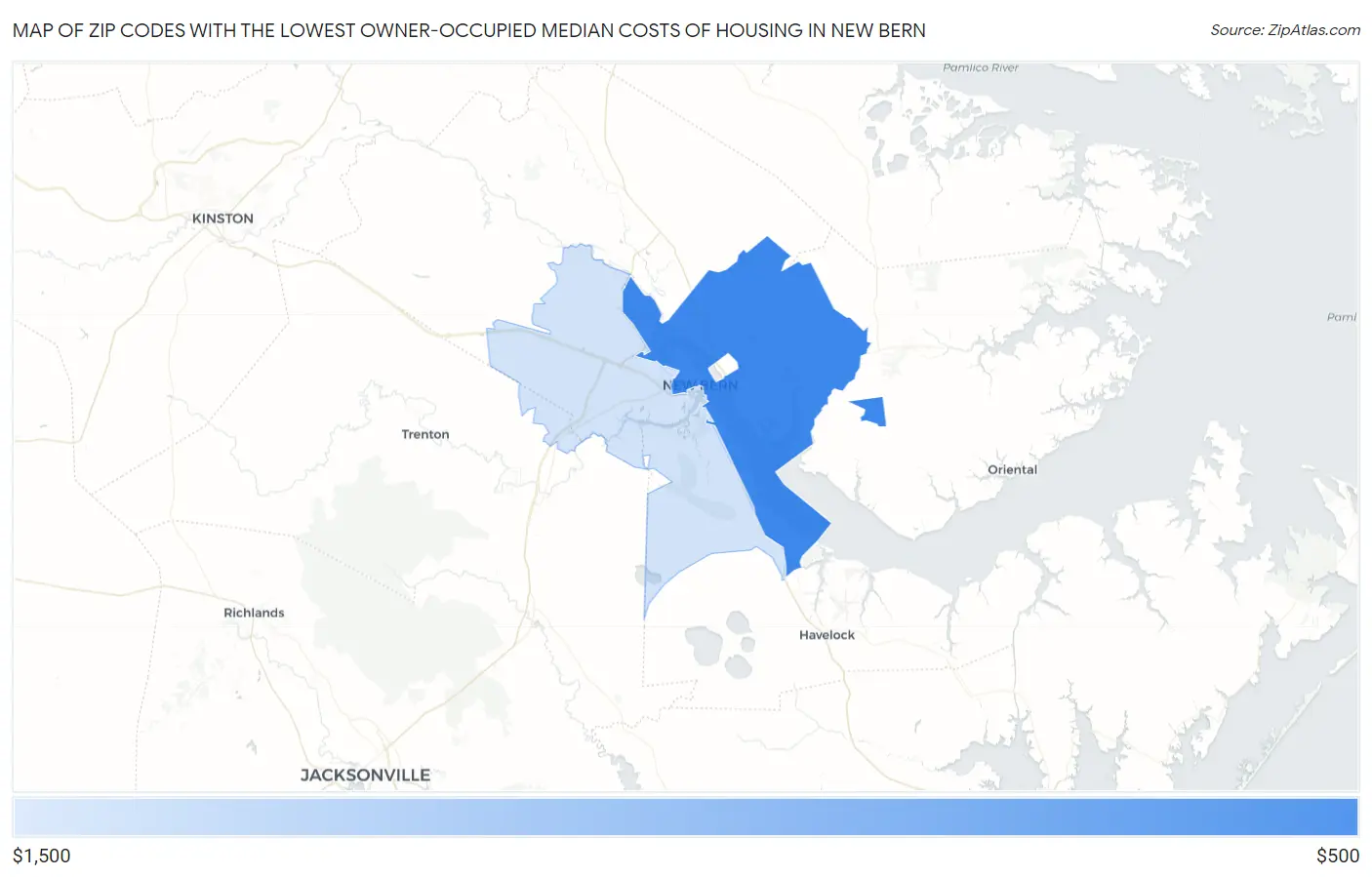 Zip Codes with the Lowest Owner-Occupied Median Costs of Housing in New Bern Map