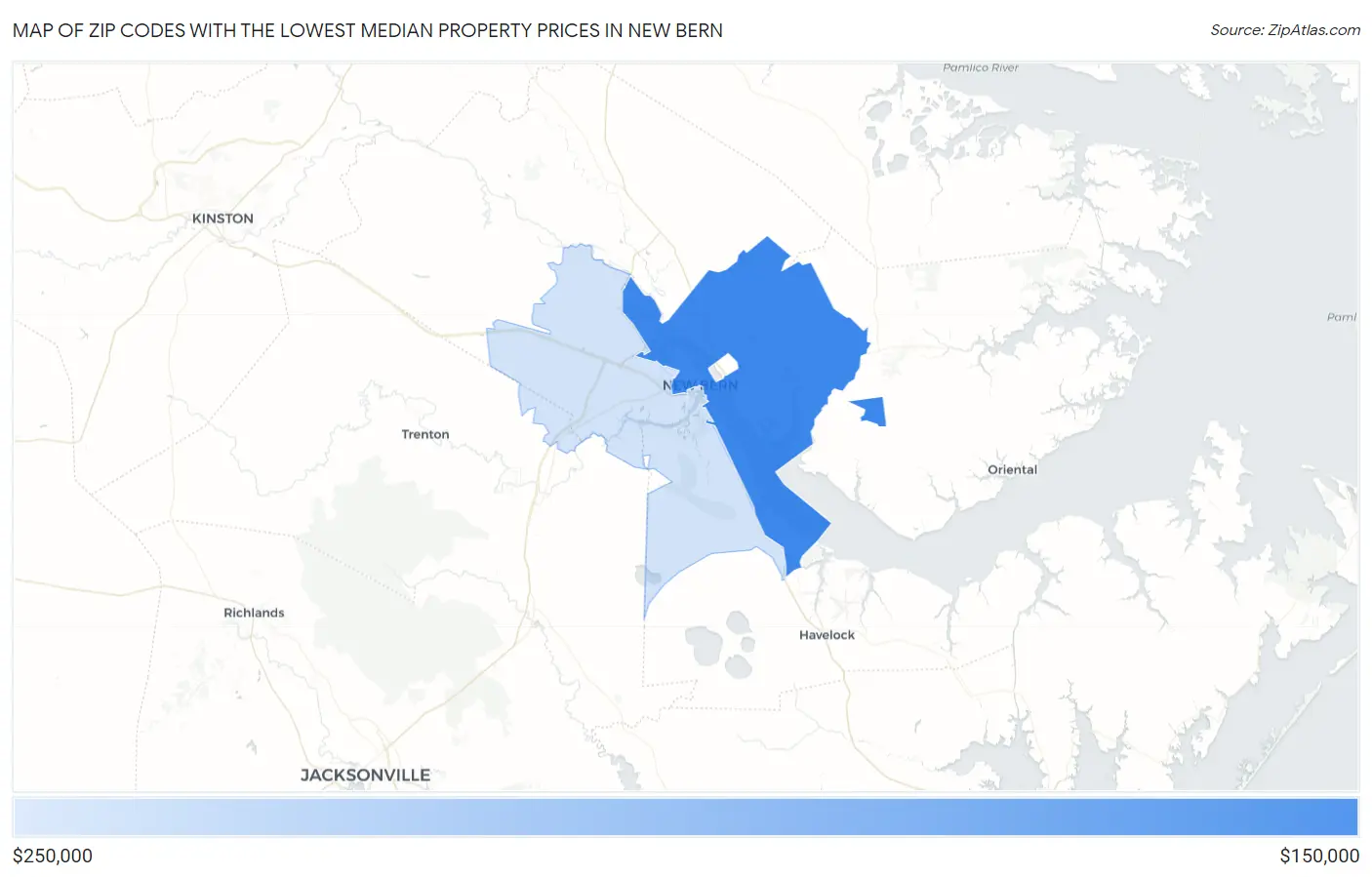 Zip Codes with the Lowest Median Property Prices in New Bern Map