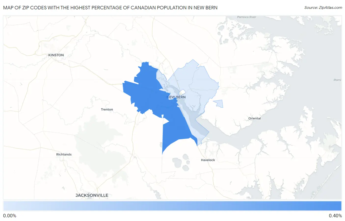 Zip Codes with the Highest Percentage of Canadian Population in New Bern Map