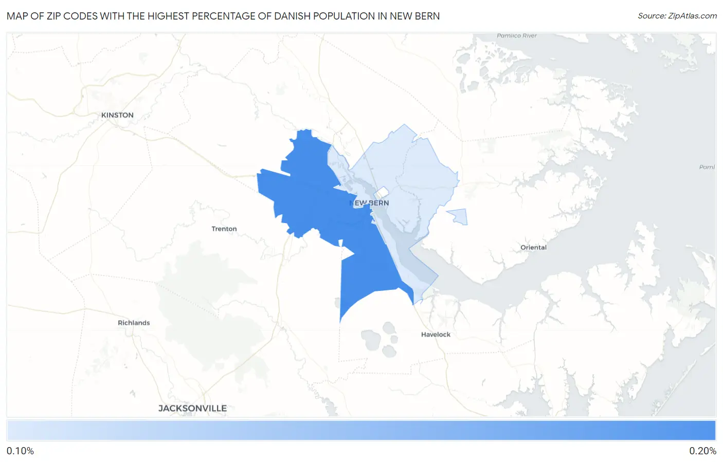 Zip Codes with the Highest Percentage of Danish Population in New Bern Map